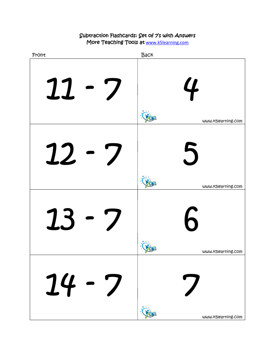 Subtraction Math Flashcards With Answers, Page 23