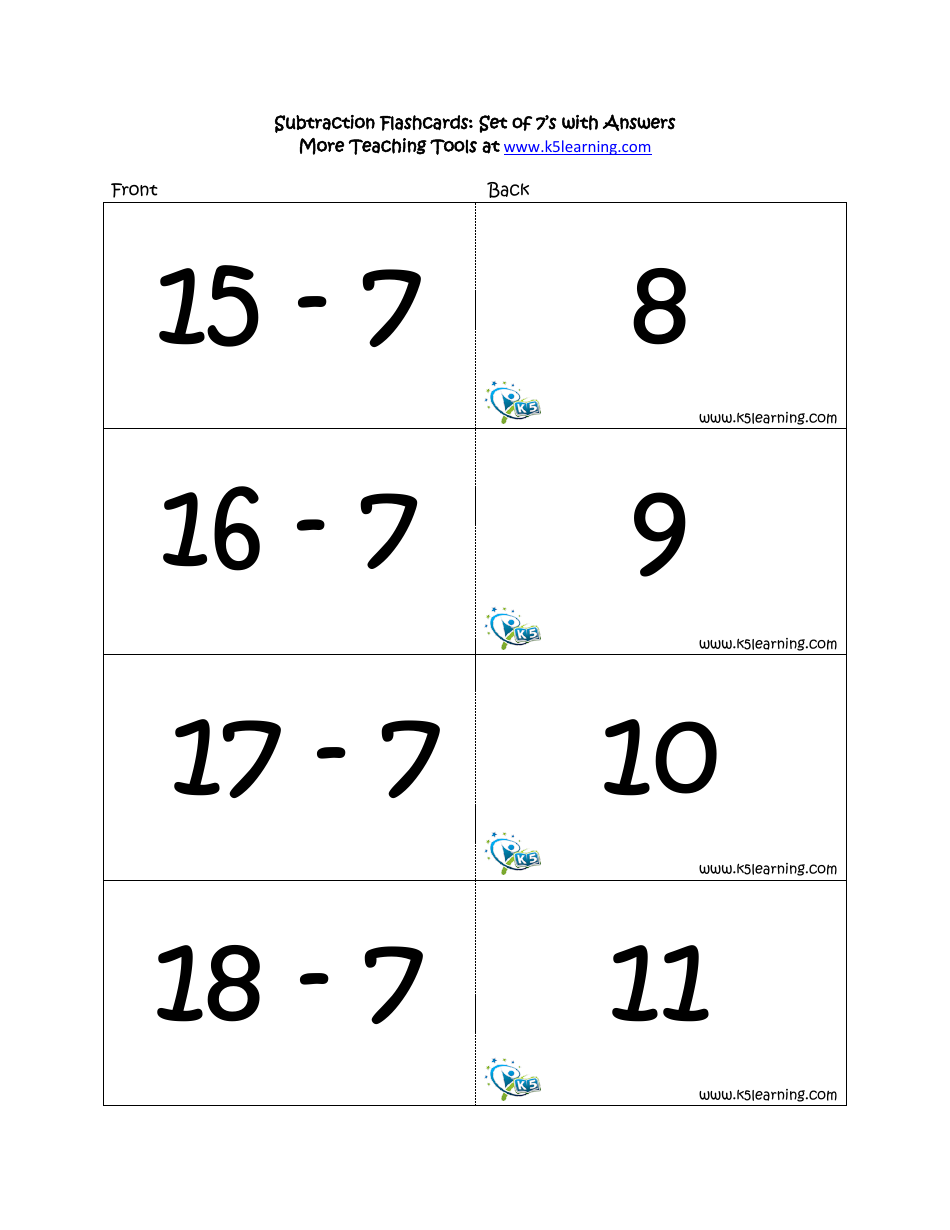 Subtraction Math Flashcards With Answers, Page 24