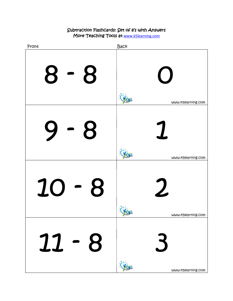 Subtraction Math Flashcards With Answers, Page 25
