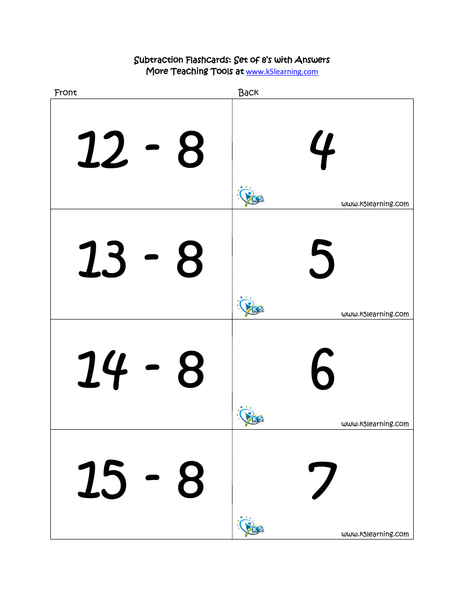 Subtraction Math Flashcards With Answers, Page 26