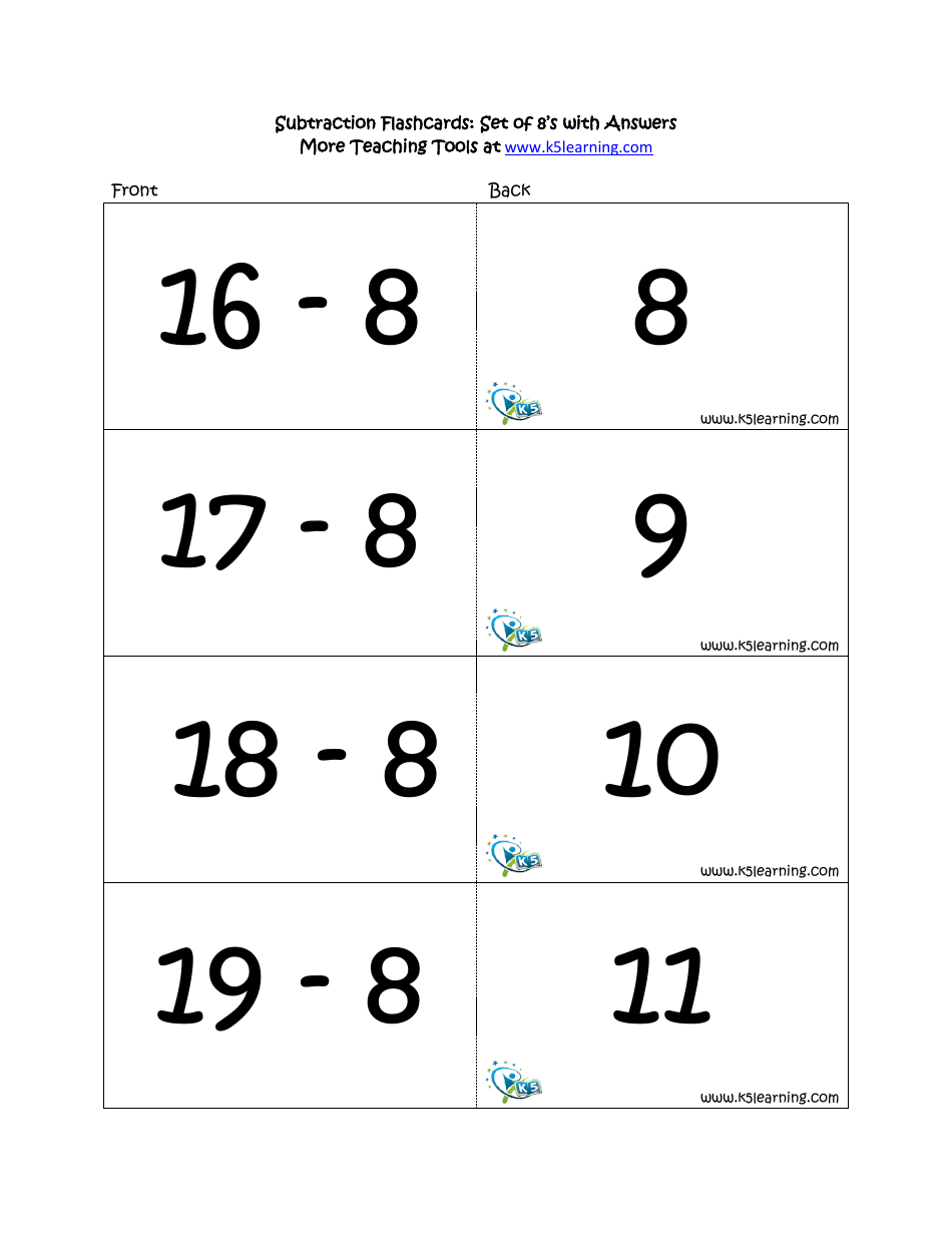 Subtraction Math Flashcards With Answers, Page 27