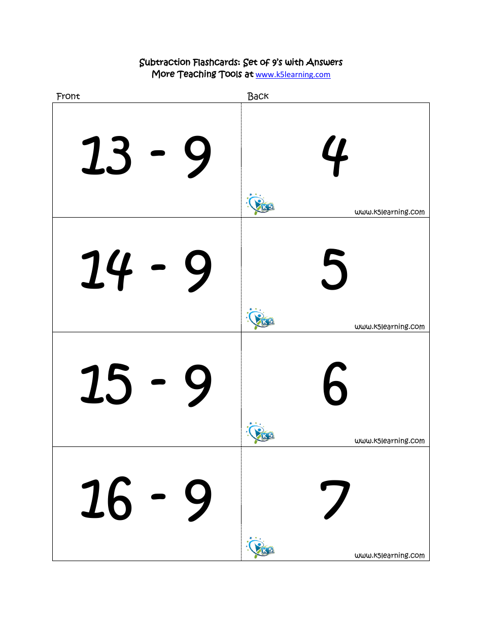 Subtraction Math Flashcards With Answers, Page 29