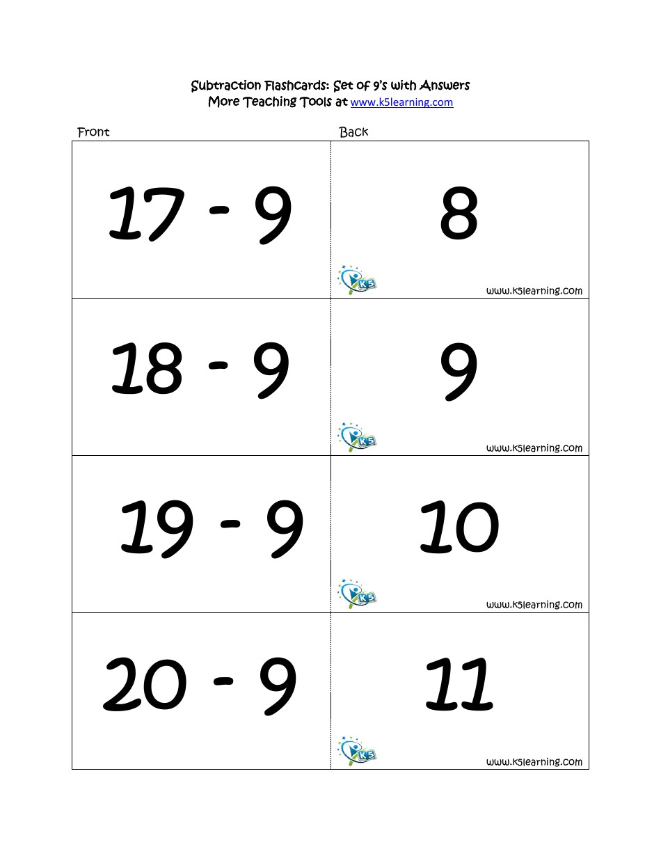Subtraction Math Flashcards With Answers, Page 30