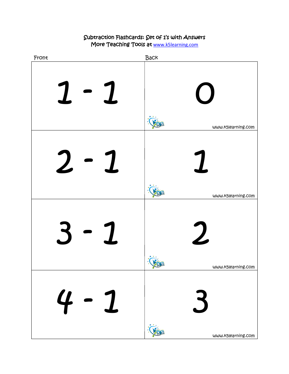 Subtraction Math Flashcards With Answers, Page 4