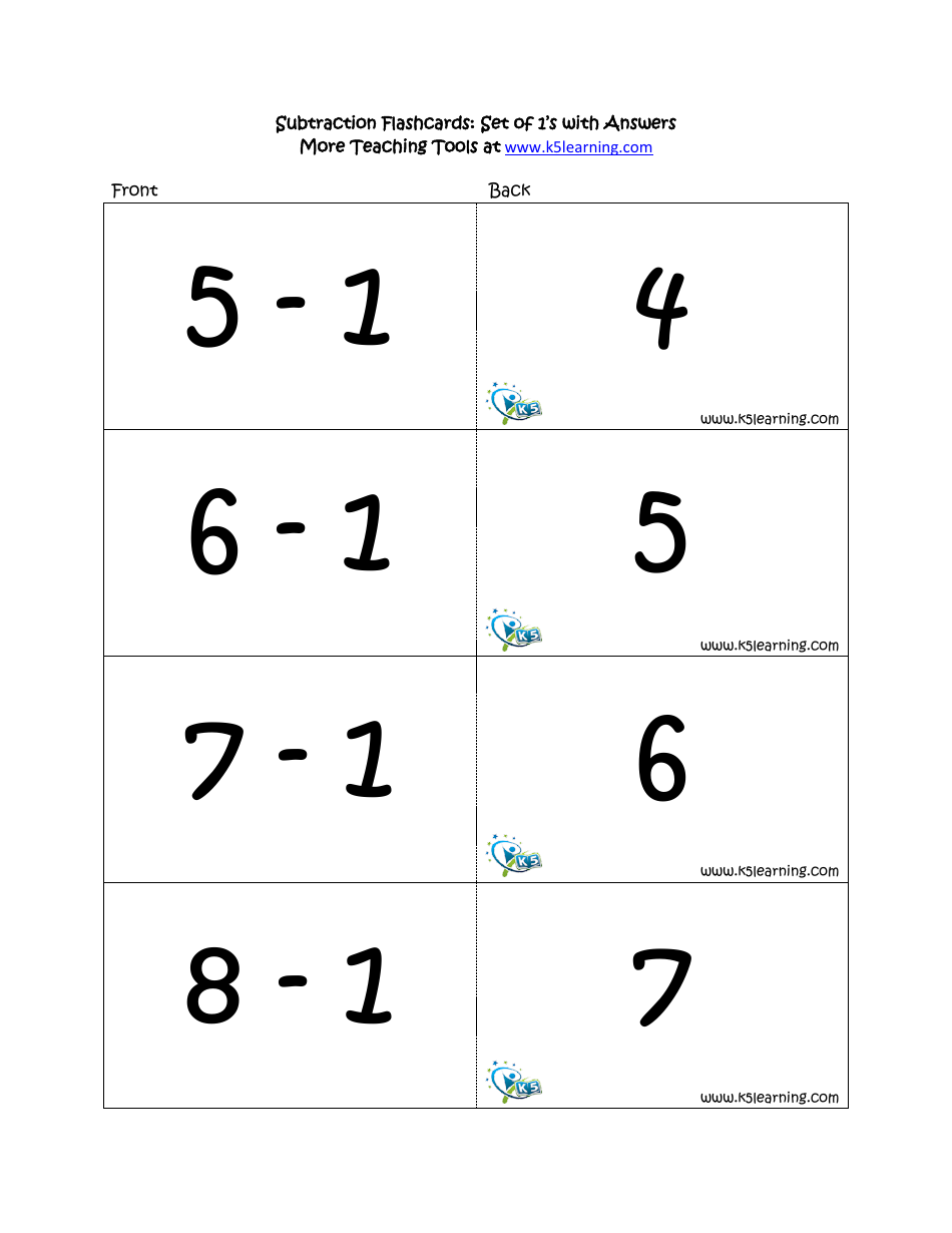 Subtraction Math Flashcards With Answers, Page 5