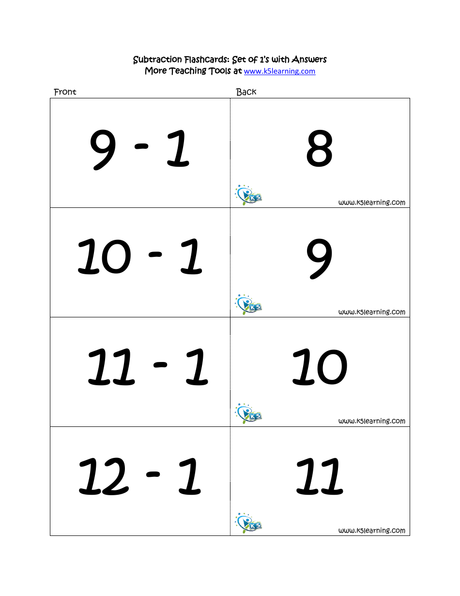 Subtraction Math Flashcards With Answers, Page 6