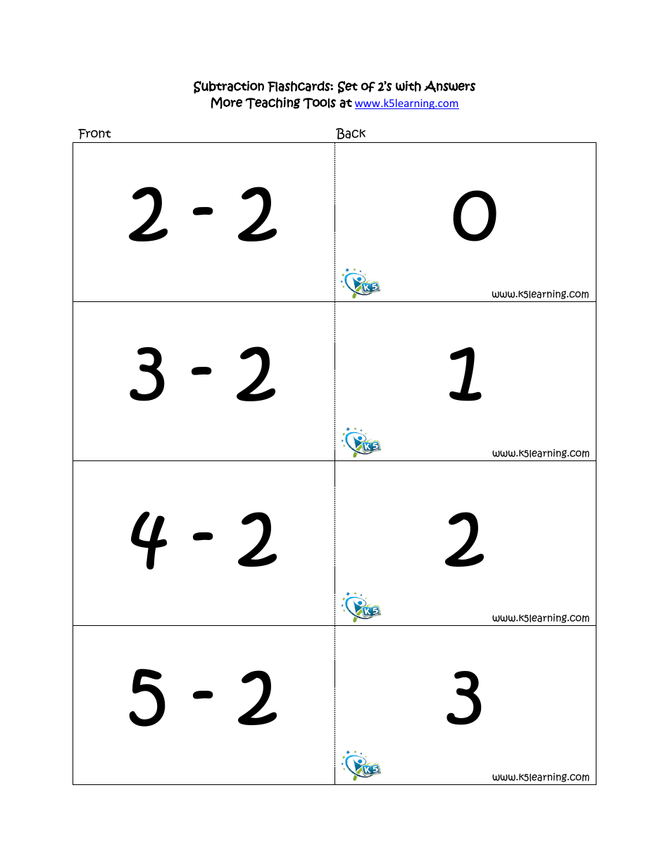 Subtraction Math Flashcards With Answers, Page 7