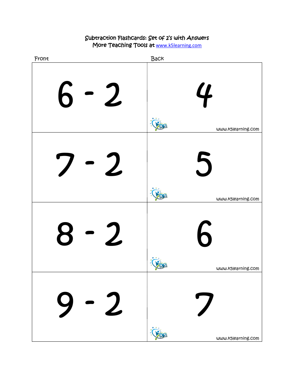 Subtraction Math Flashcards With Answers, Page 8