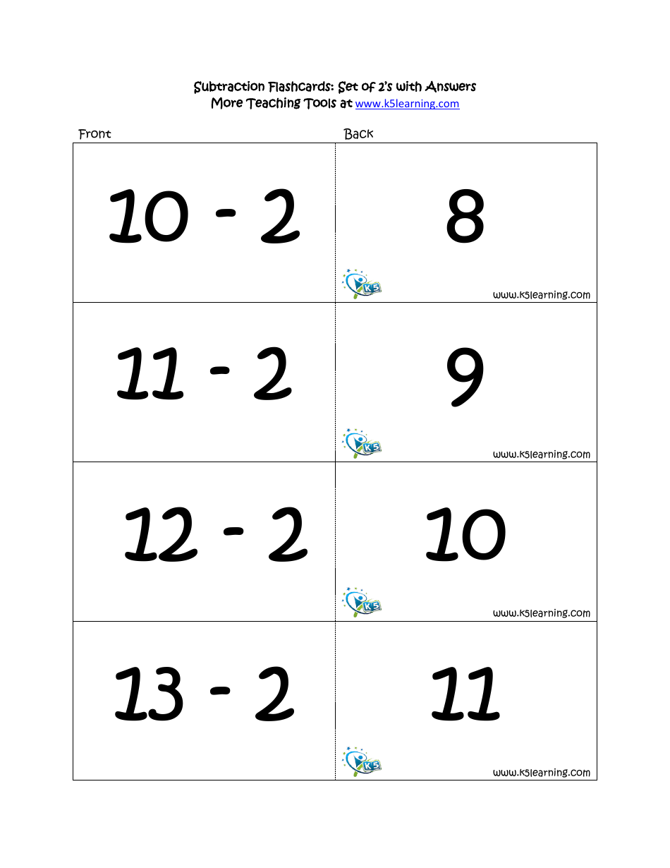 Subtraction Math Flashcards With Answers, Page 9