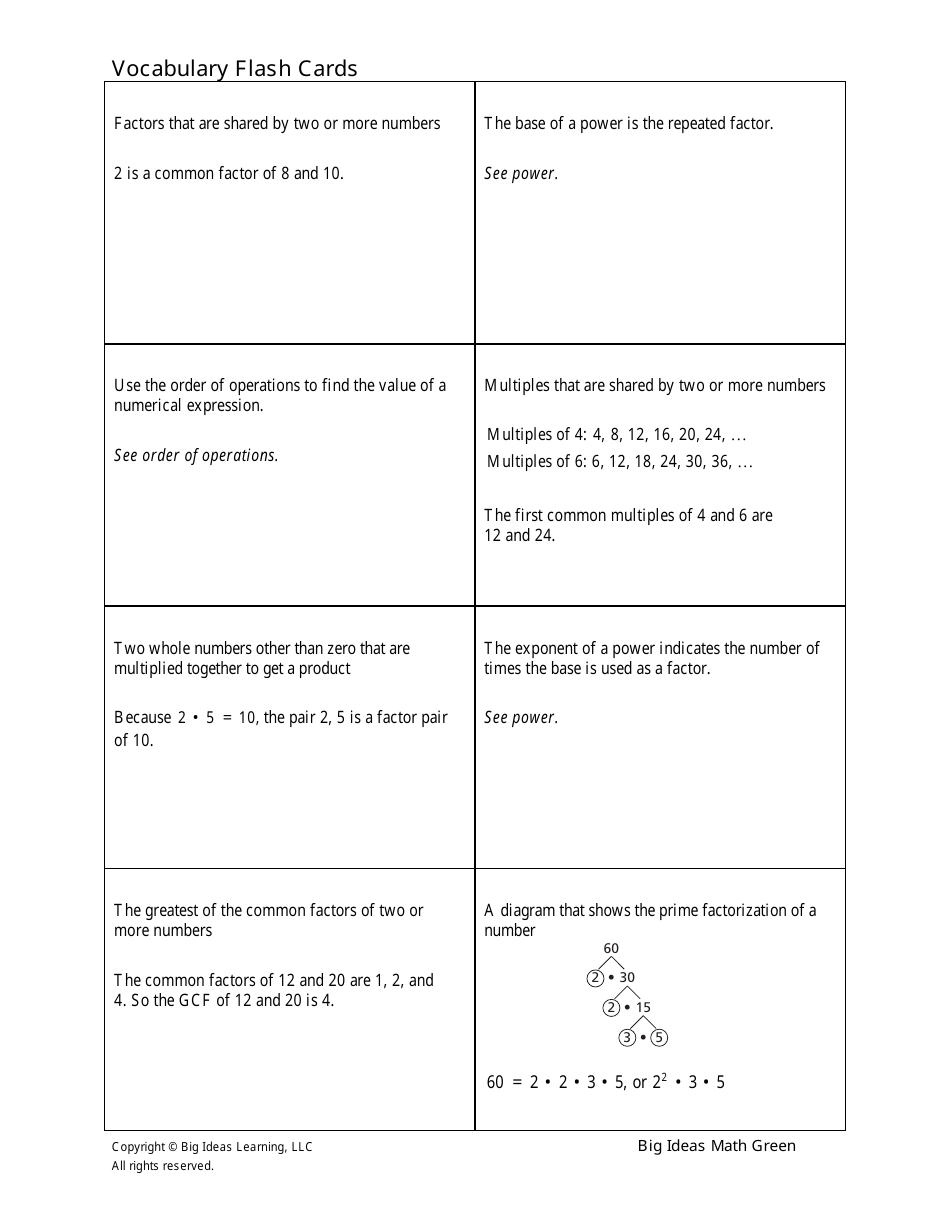 Grade 6 Math Vocabulary Flash Cards, Page 12
