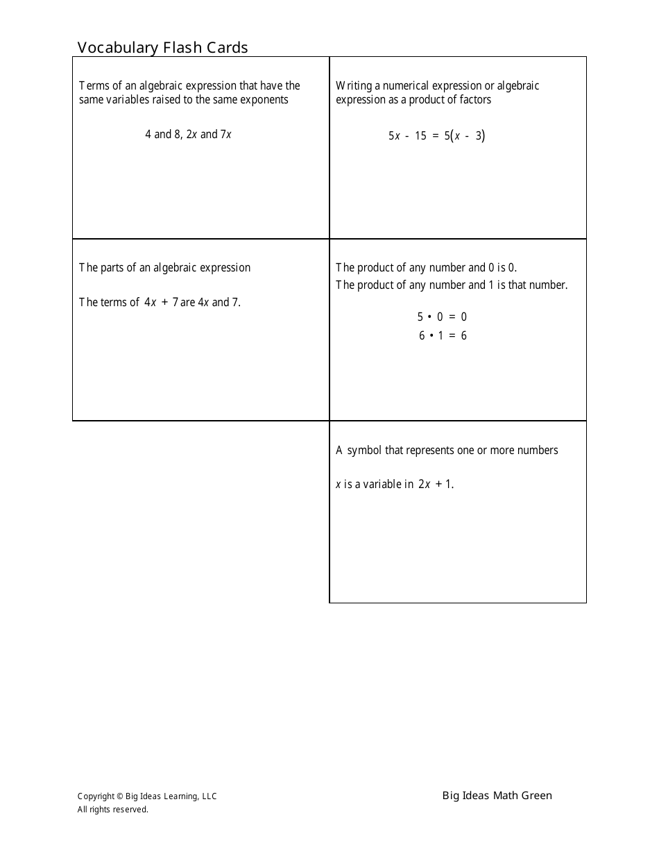 Grade 6 Math Vocabulary Flash Cards, Page 20