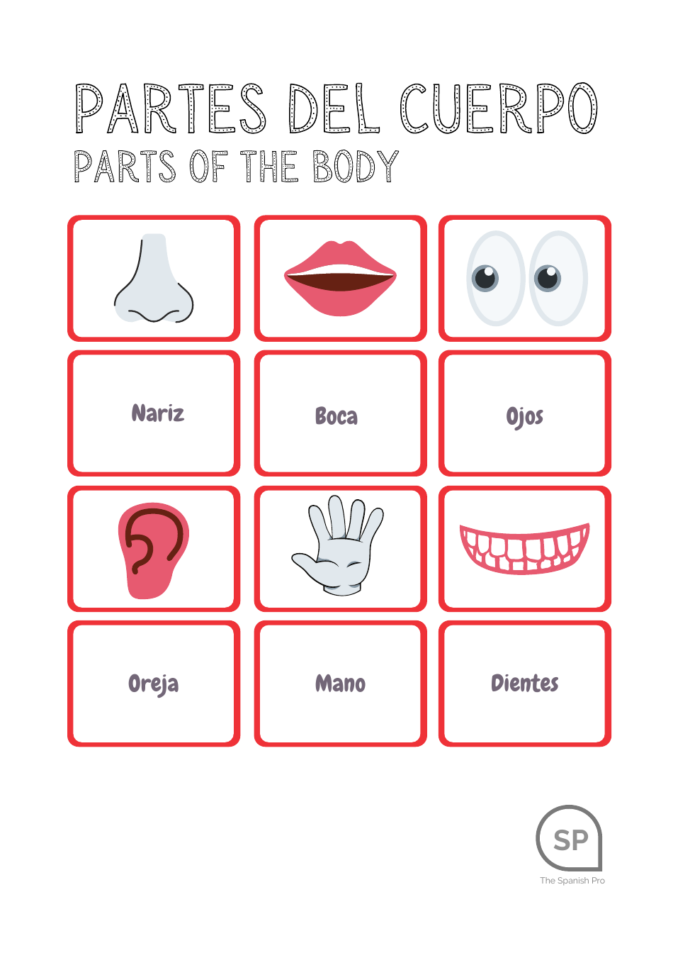 Spanish Flashcards - Parts of the Body, Page 1
