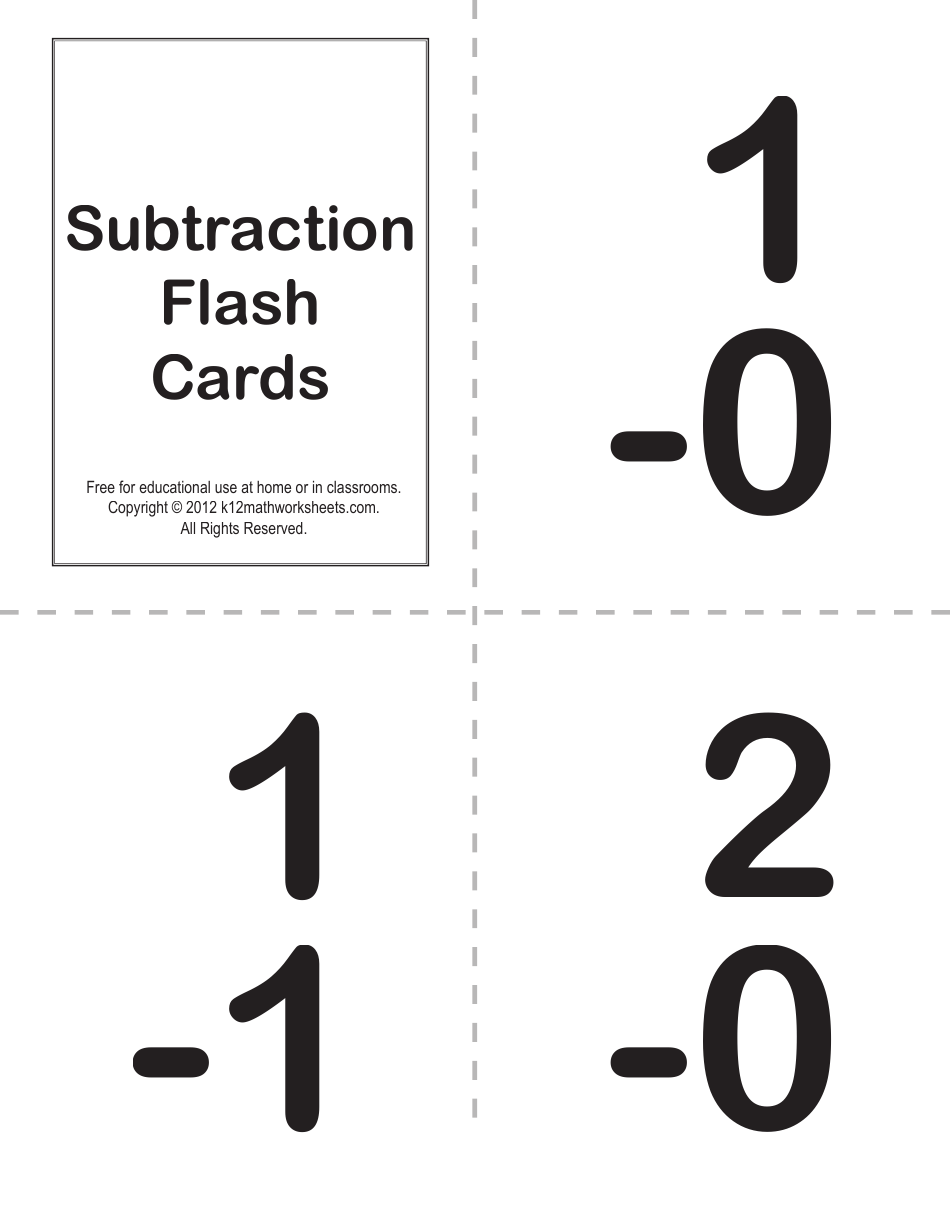 Math Subtraction Flash Cards, Page 1