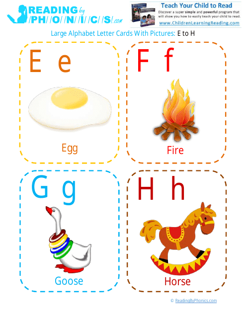 Large Alphabet Letter Flashcards With Pictures - E to H