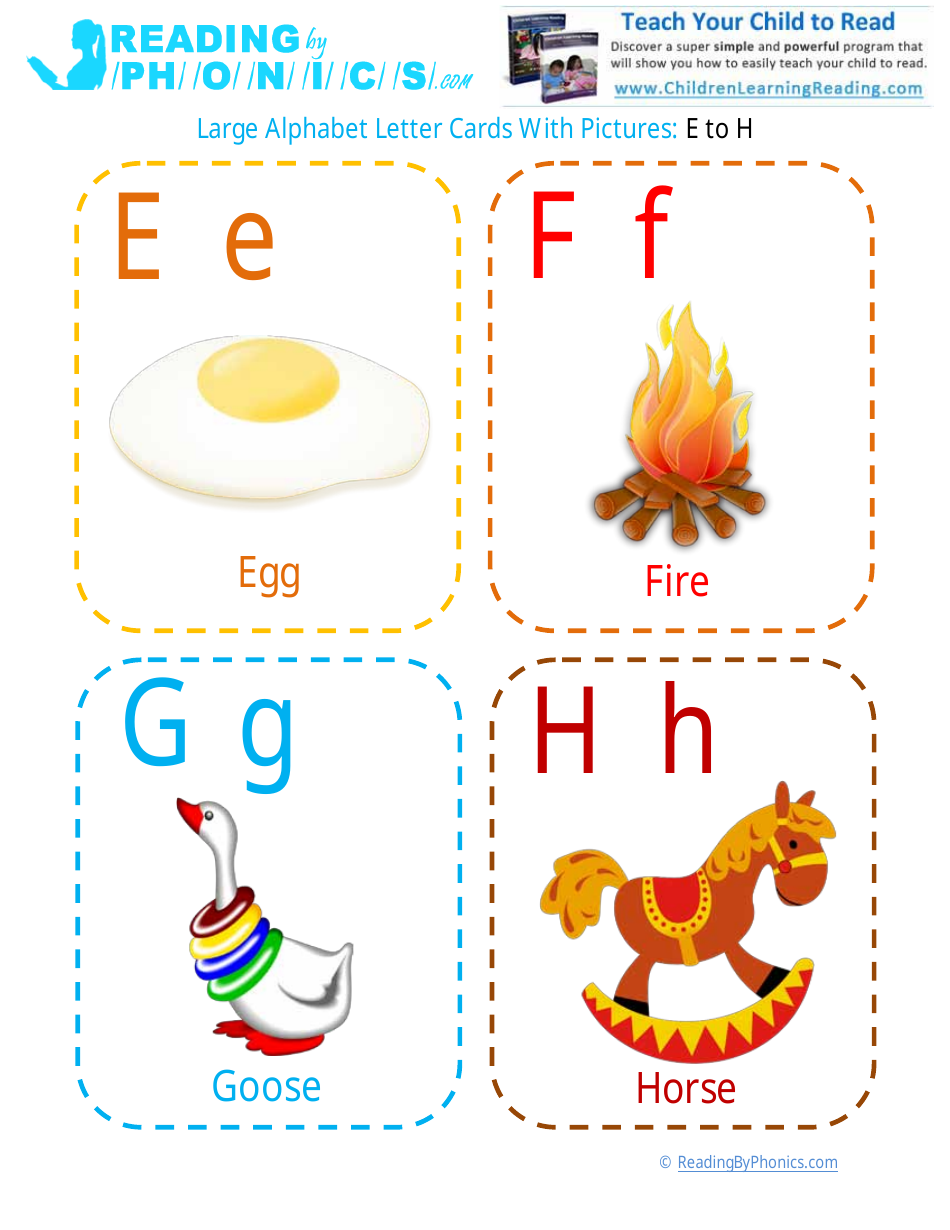 Large Alphabet Letter Flashcards With Pictures - E to H, Page 1