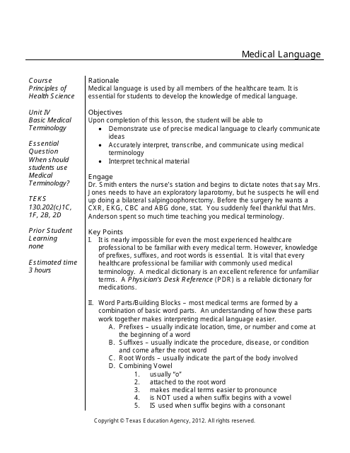 Medical Terminology Worksheet - Texas