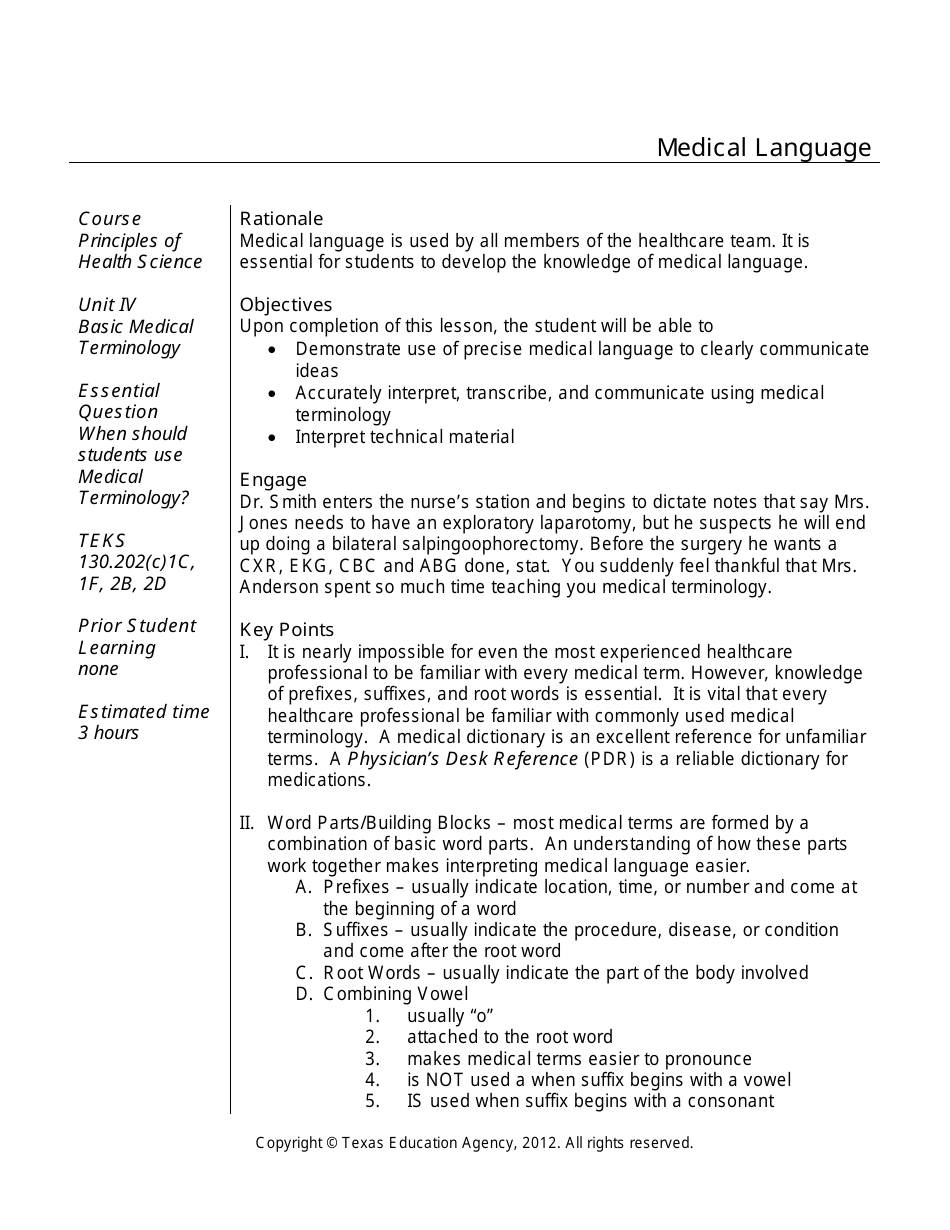 Medical Terminology Worksheet - Texas, Page 1