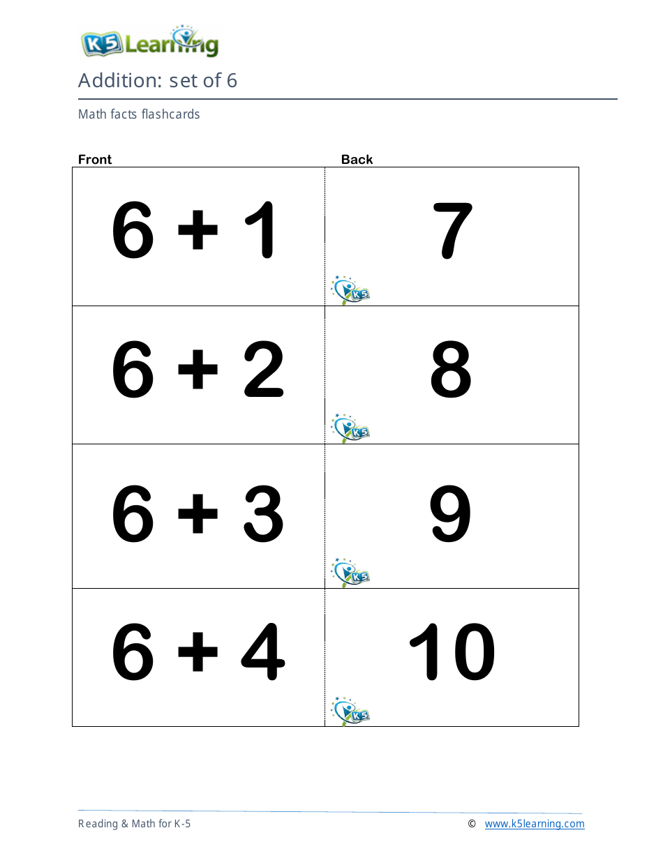 Math Facts Flashcards - Addition - Set of 6-8, Page 1