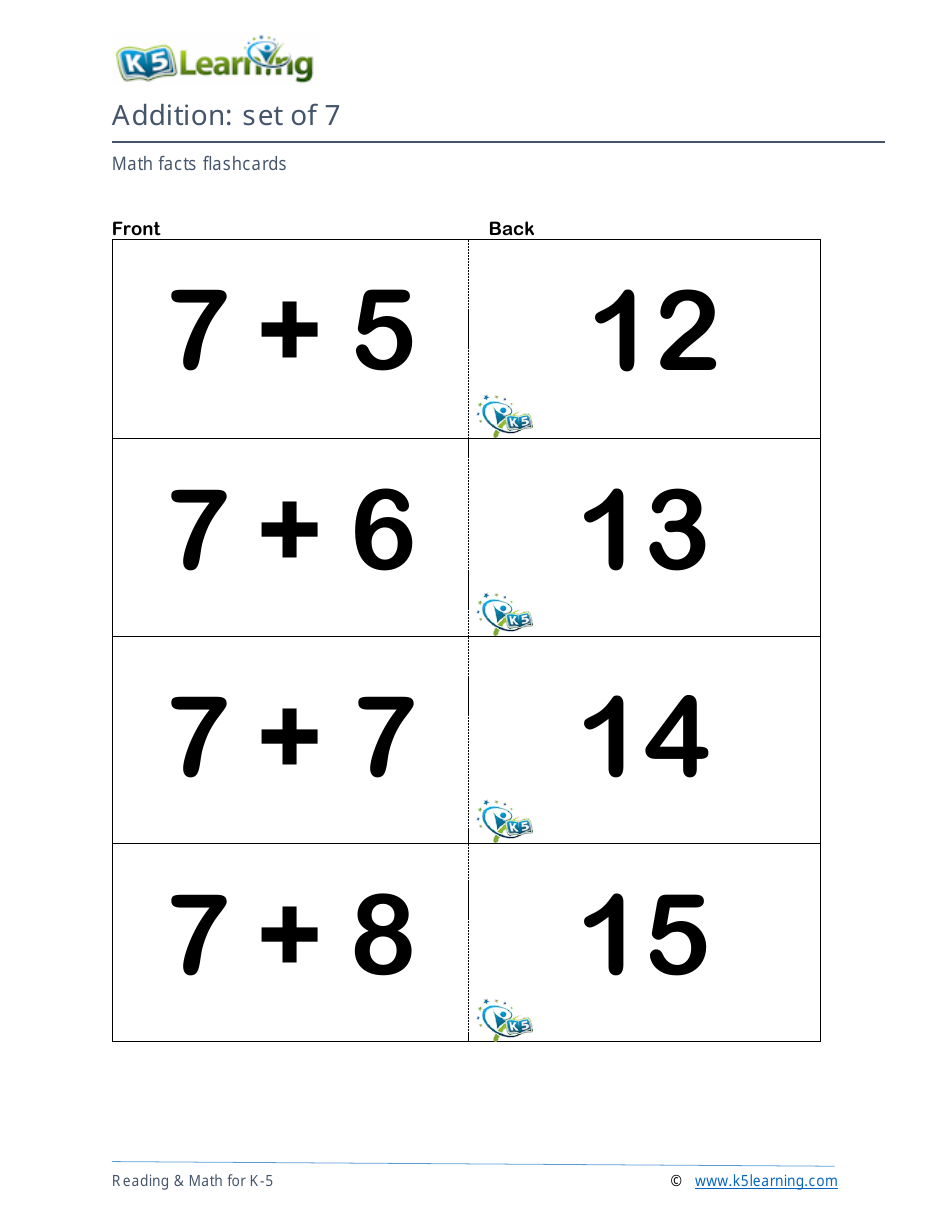 Math Facts Flashcards - Addition - Set of 6-8, Page 5