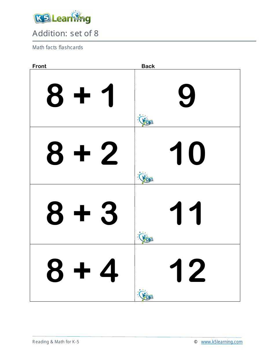 Math Facts Flashcards - Addition - Set of 6-8, Page 7