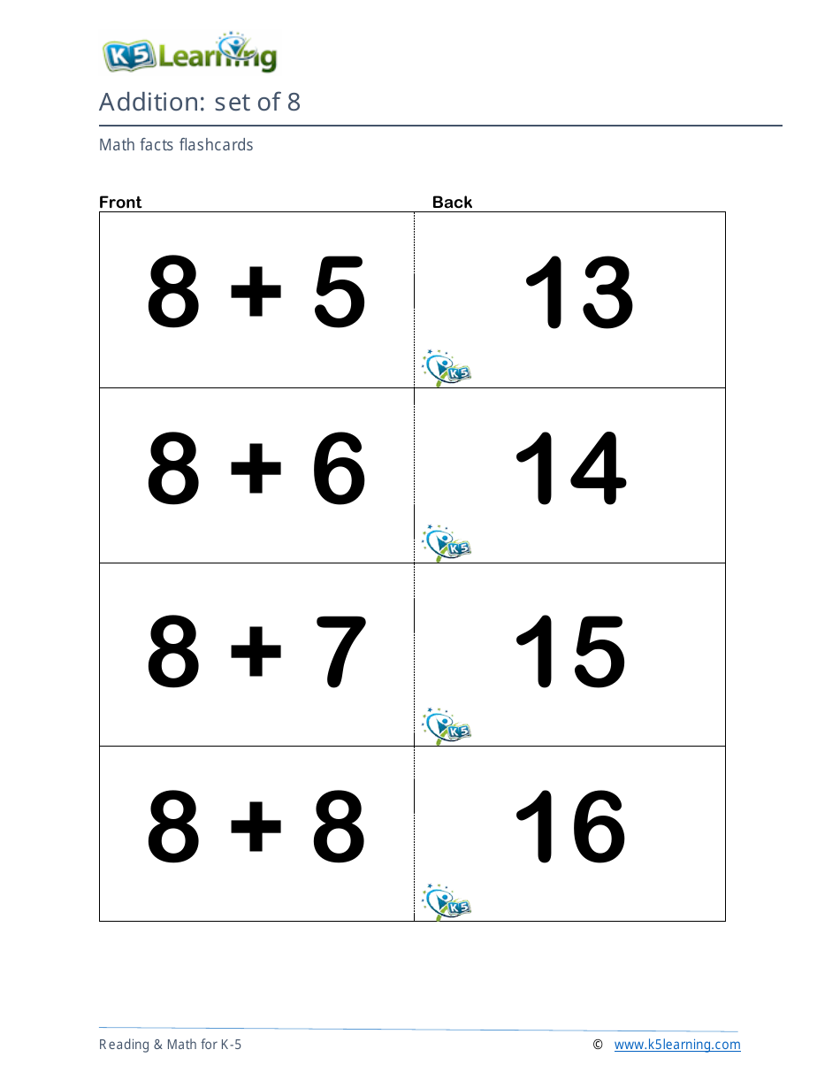 Math Facts Flashcards - Addition - Set of 6-8, Page 8