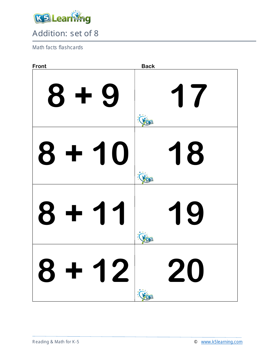 Math Facts Flashcards - Addition - Set of 6-8, Page 9