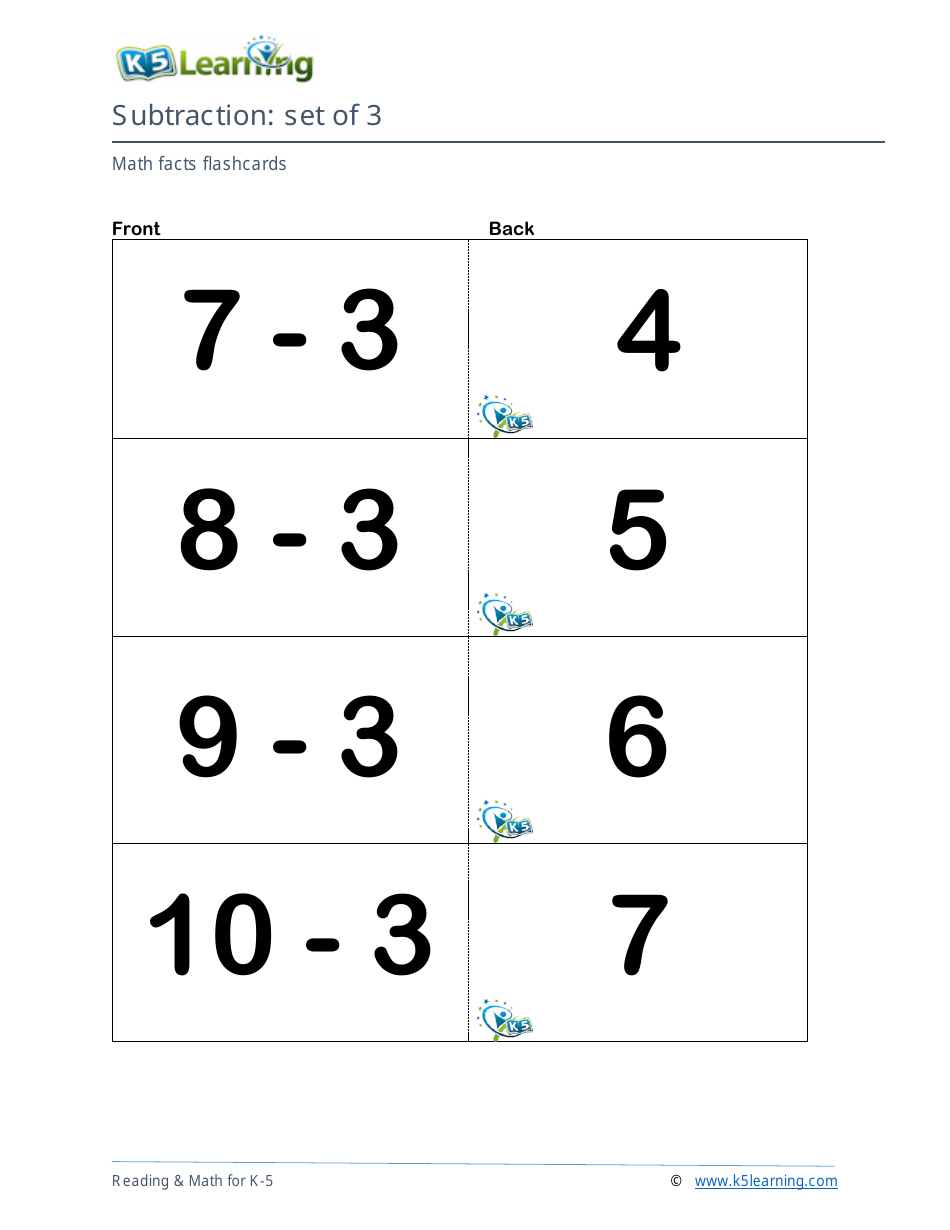 Math Facts Flashcards - Subtraction - Set of 0-9, Page 11