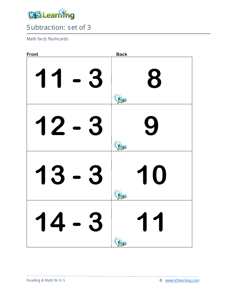 Math Facts Flashcards - Subtraction - Set of 0-9, Page 12
