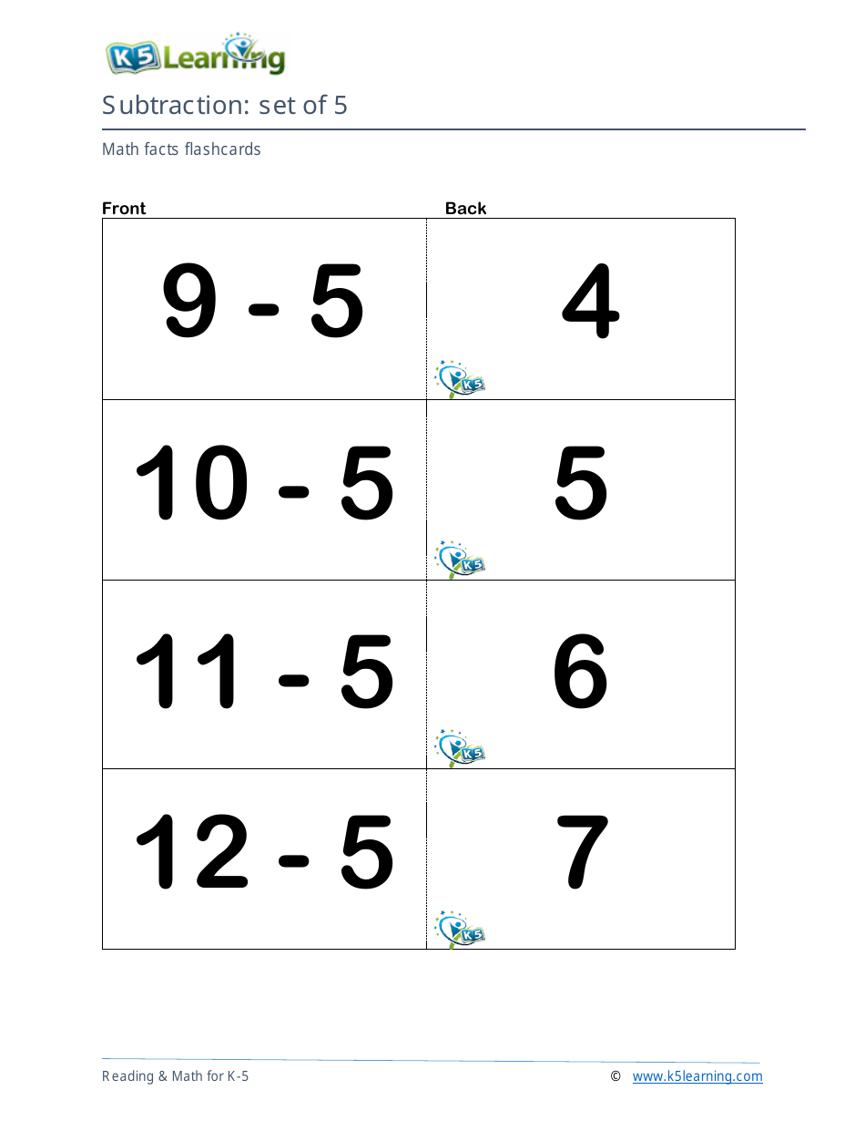 Math Facts Flashcards - Subtraction - Set of 0-9, Page 17