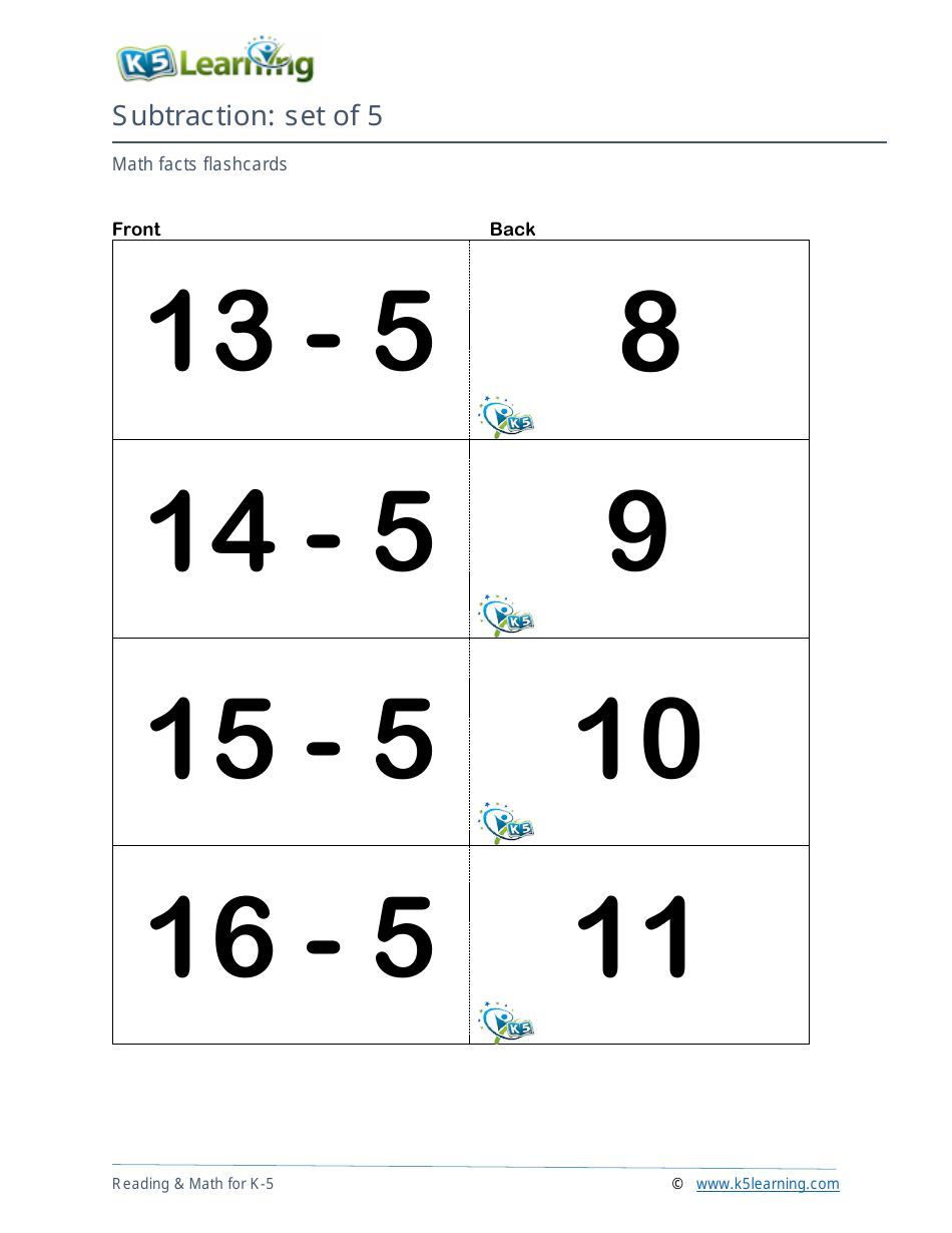 Math Facts Flashcards - Subtraction - Set of 0-9, Page 18