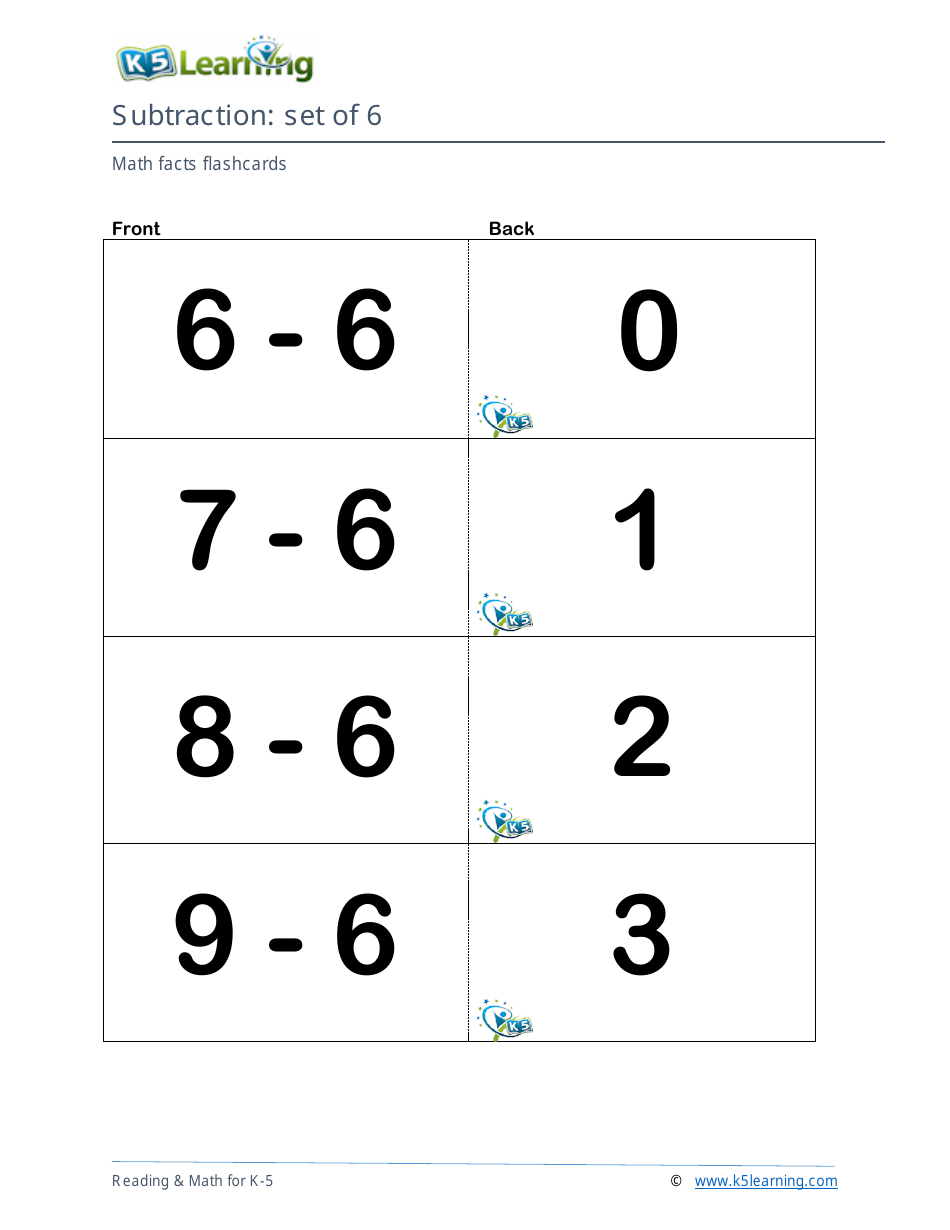 Math Facts Flashcards - Subtraction - Set of 0-9, Page 19