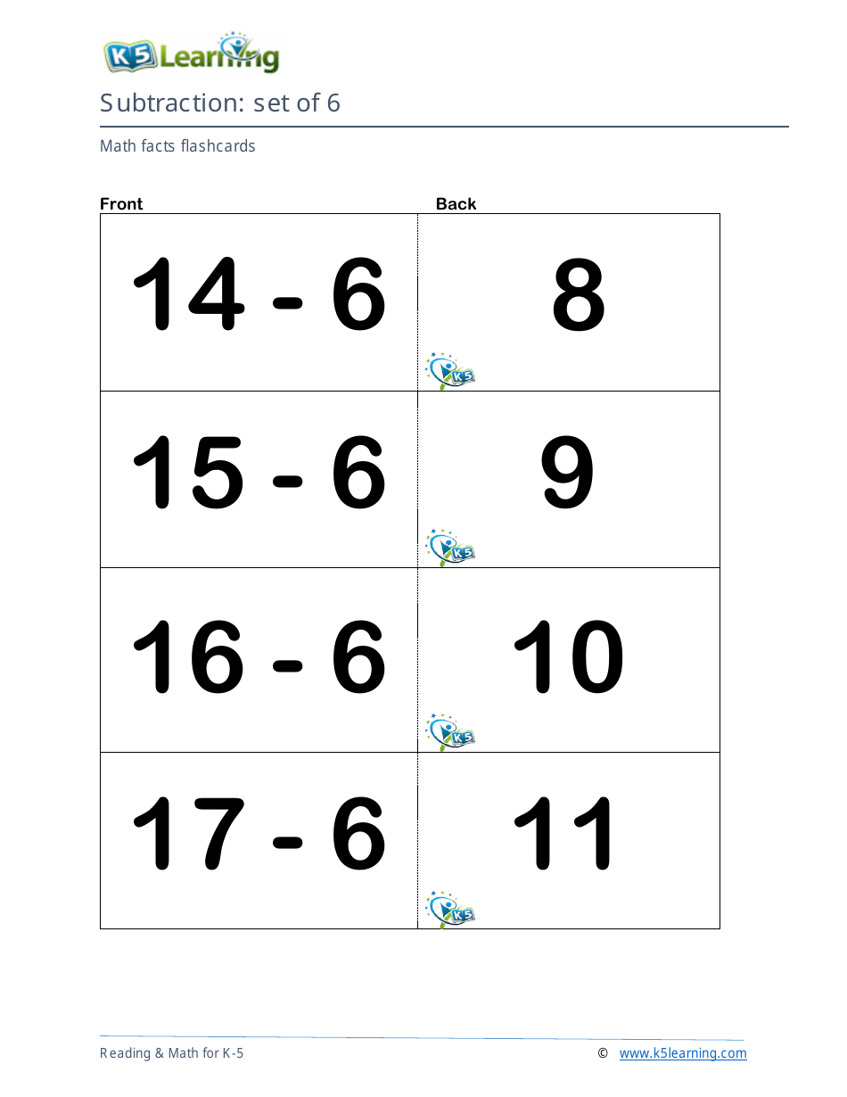 Math Facts Flashcards - Subtraction - Set of 0-9, Page 21