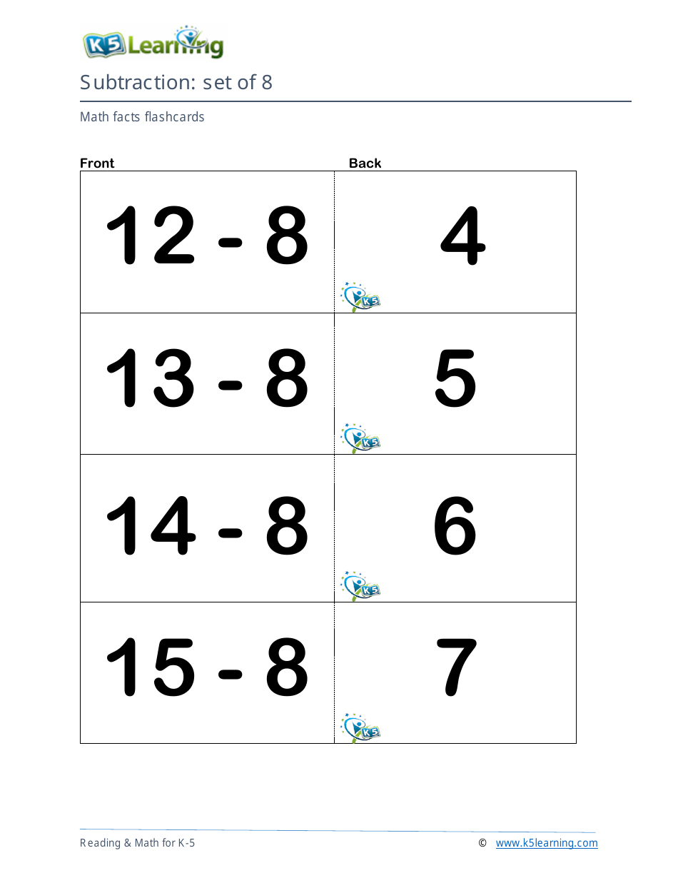 Math Facts Flashcards - Subtraction - Set of 0-9, Page 23