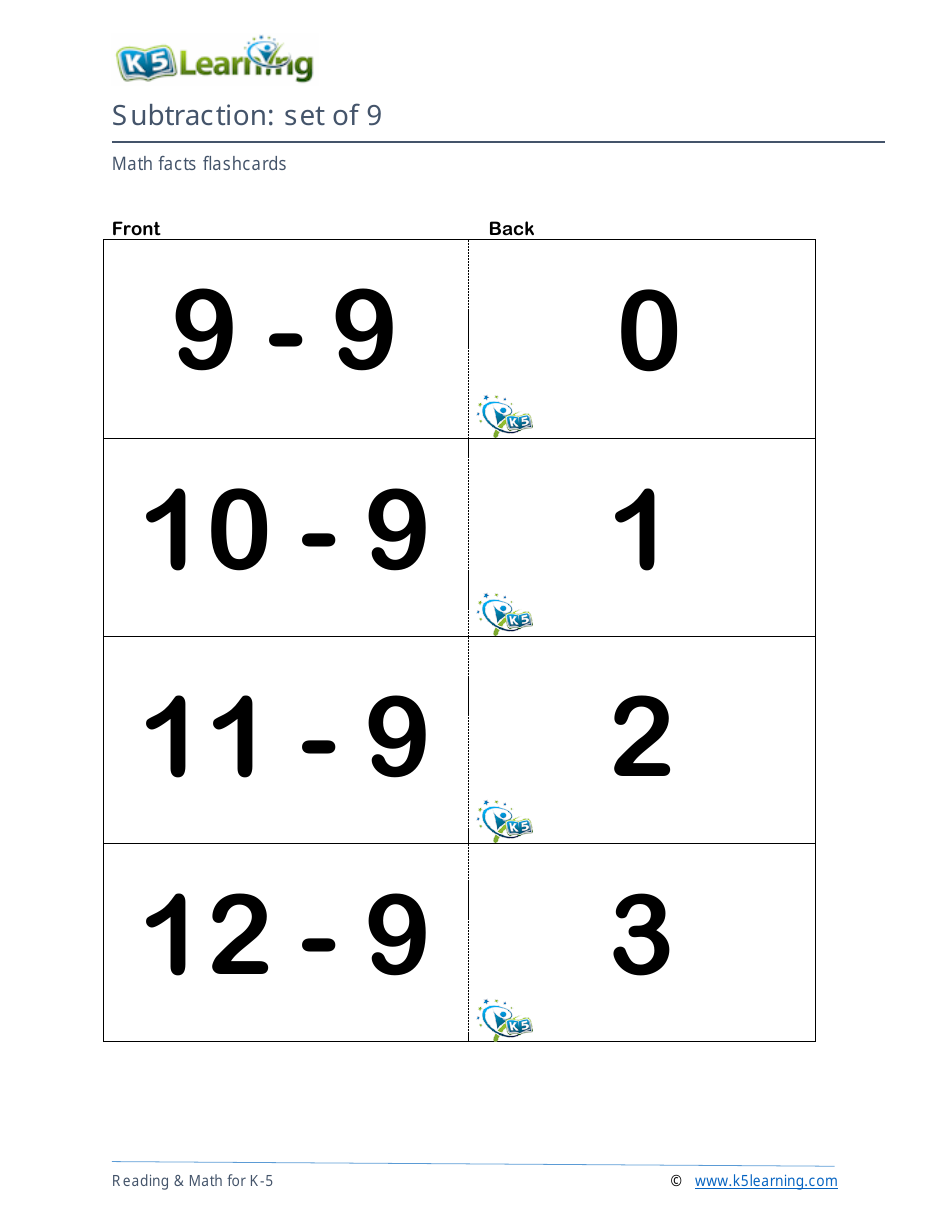 Math Facts Flashcards - Subtraction - Set of 0-9, Page 25