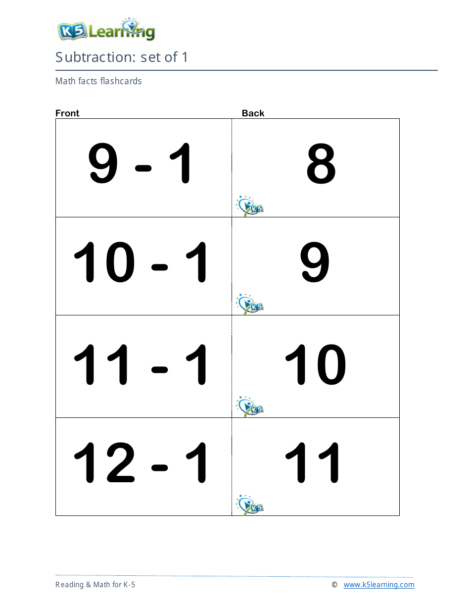 Math Facts Flashcards - Subtraction - Set of 0-9, Page 6