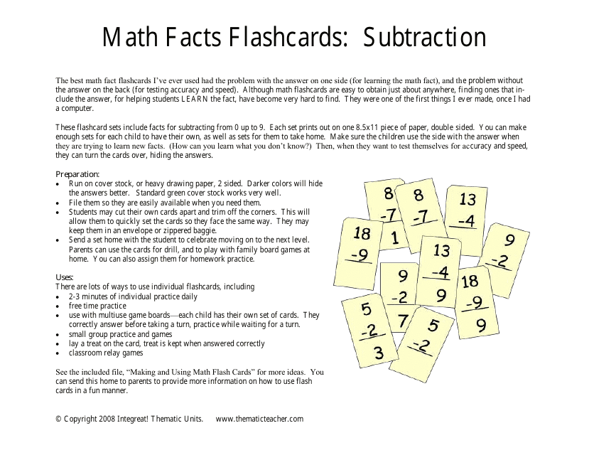 Math Facts Flashcards - Subtraction Download Pdf
