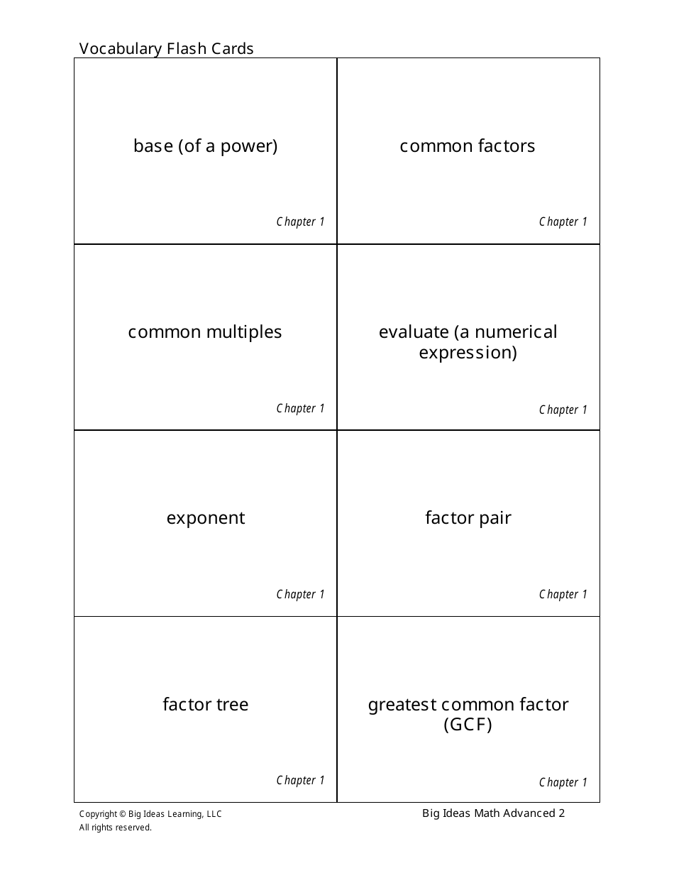 Advanced Math Vocabulary Flash Cards - Big Ideas Learning, Page 1