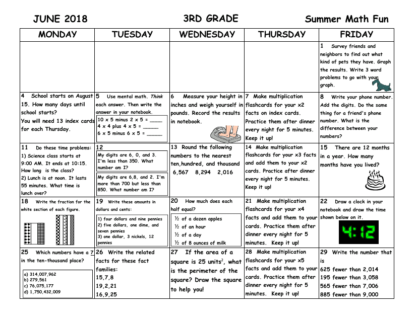 3rd Grade Summer Math Fun Calendar