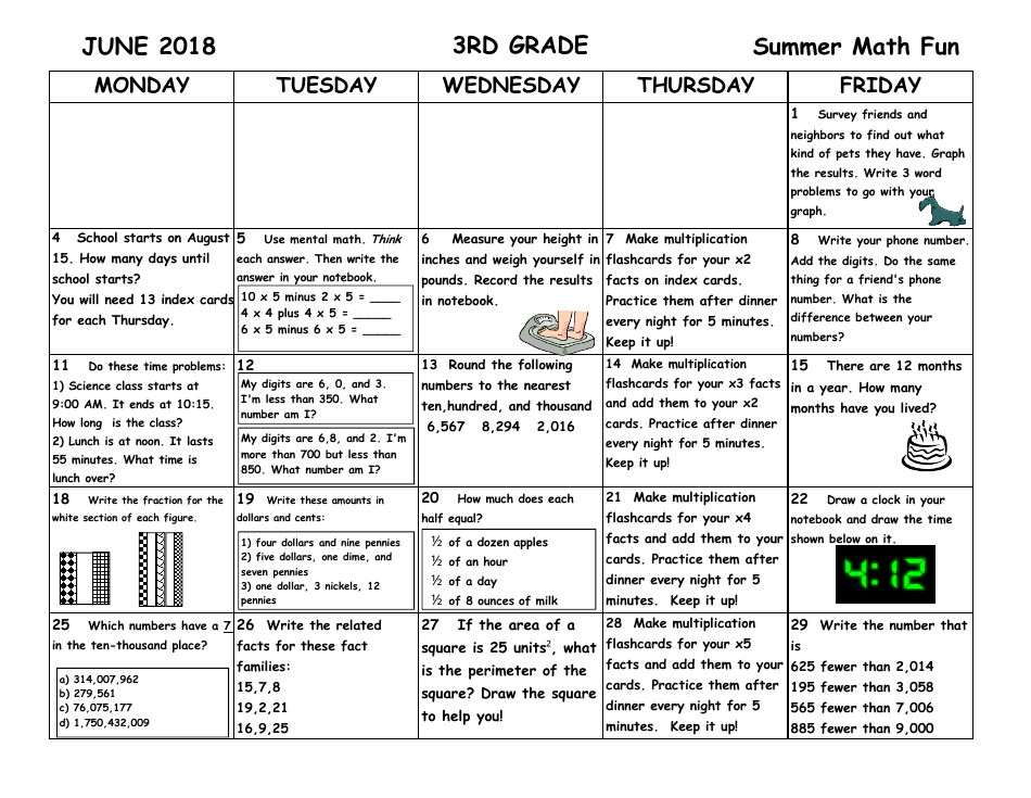 3rd Grade Summer Math Fun Calendar, Page 1
