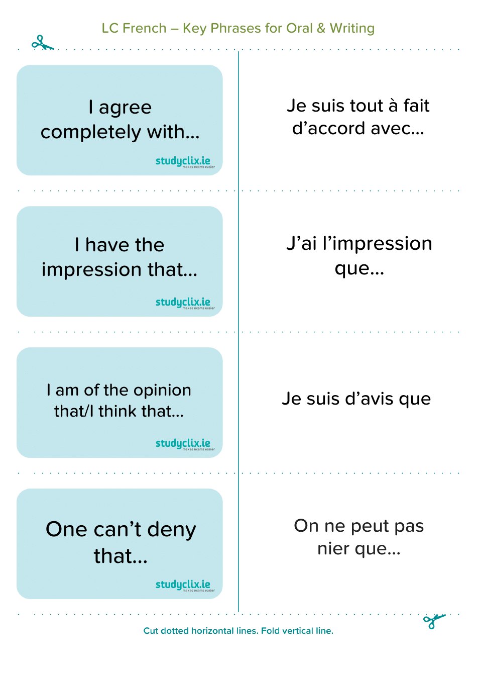 French Flashcards - Key Phrases for Oral and Writing, Page 1