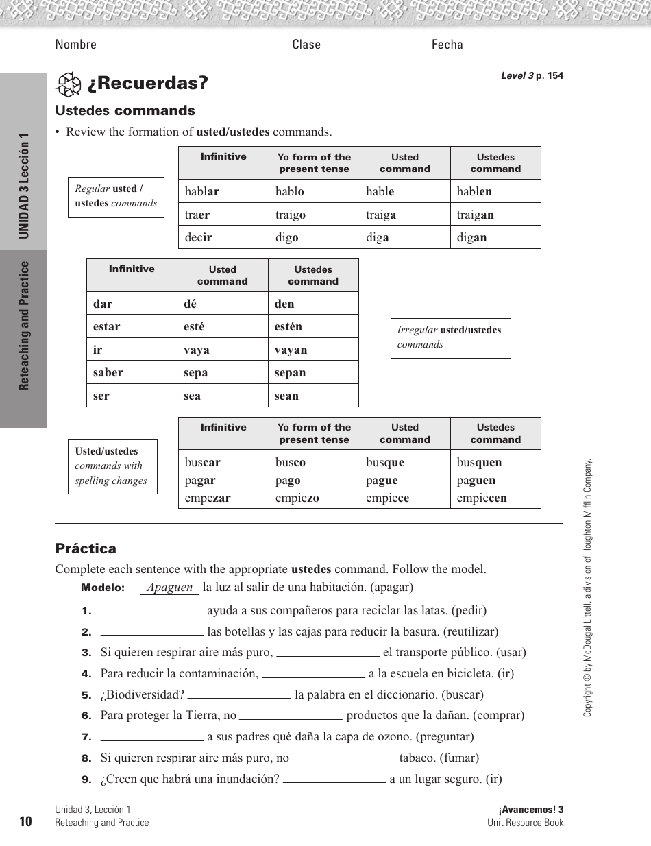 Spanish Worksheet: Challenges to the Environment - Mcdougal Littell, Page 10