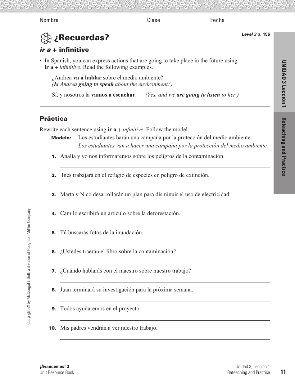 Spanish Worksheet: Challenges to the Environment - Mcdougal Littell, Page 11