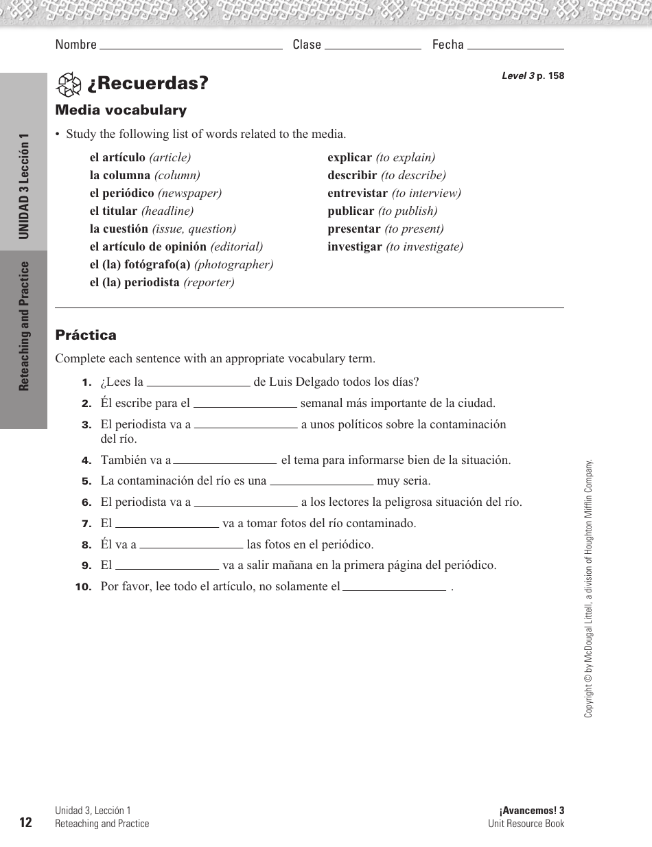 Spanish Worksheet: Challenges to the Environment - Mcdougal Littell, Page 12