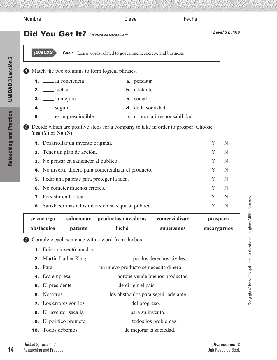 Spanish Worksheet: Challenges to the Environment - Mcdougal Littell, Page 14