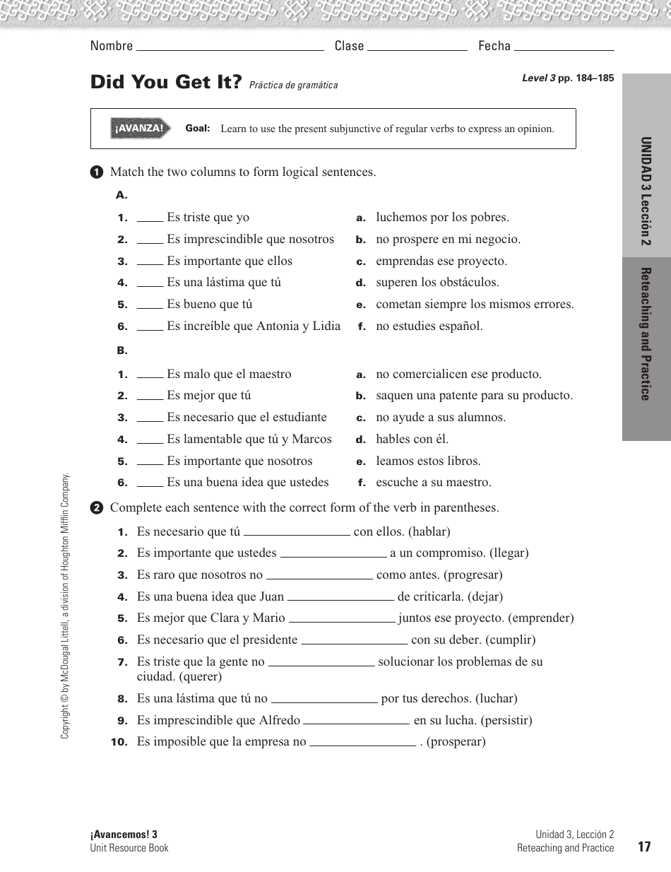 Spanish Worksheet: Challenges to the Environment - Mcdougal Littell, Page 17