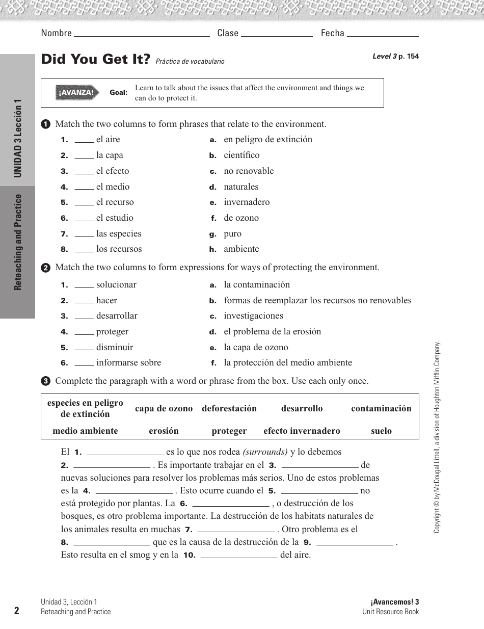 Spanish Worksheet: Challenges to the Environment - Mcdougal Littell, Page 2
