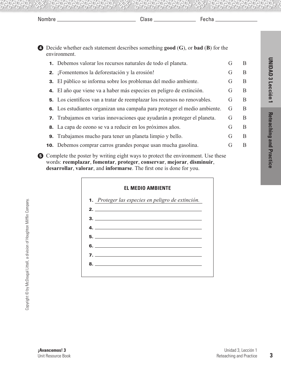 Spanish Worksheet: Challenges to the Environment - Mcdougal Littell, Page 3