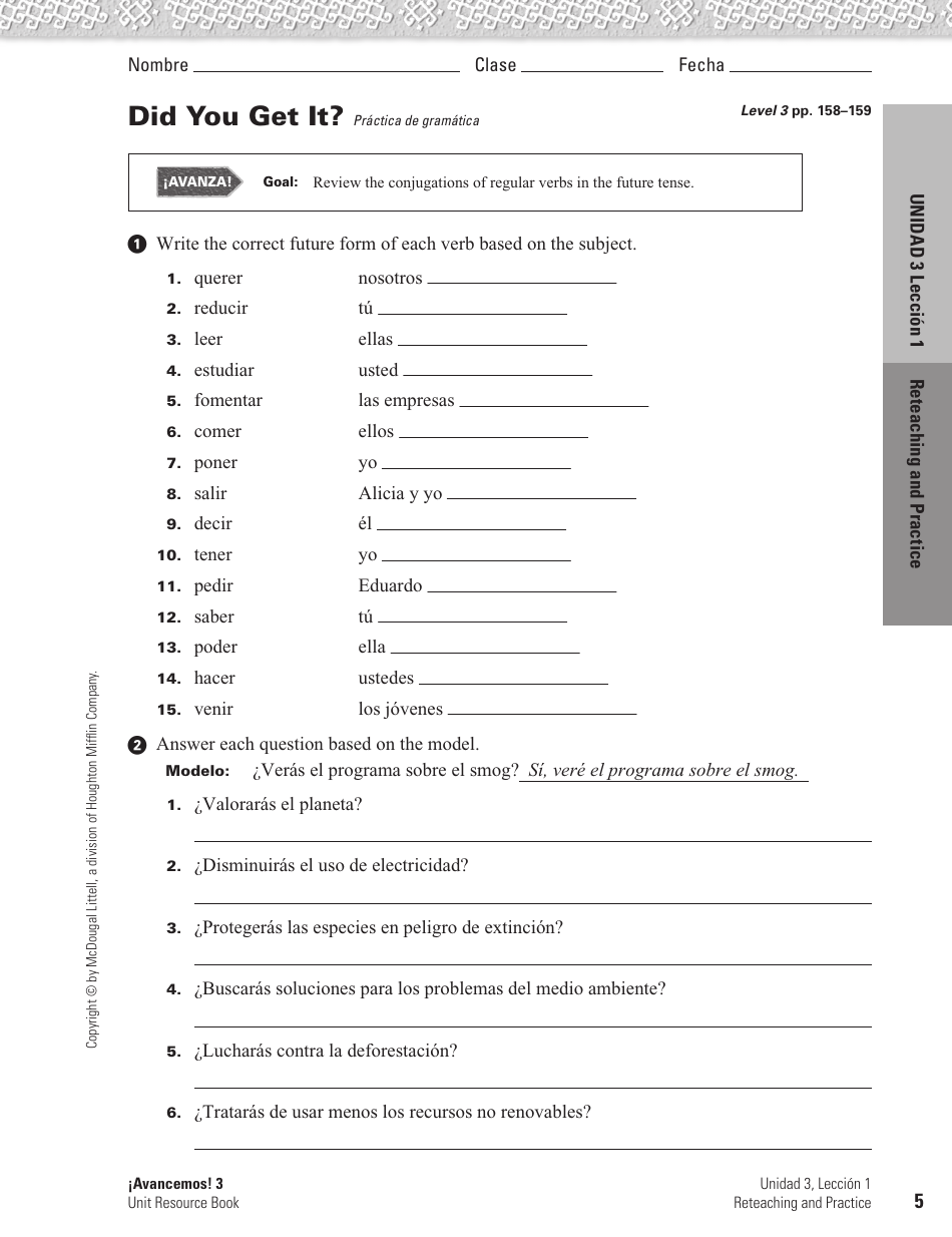 Spanish Worksheet: Challenges to the Environment - Mcdougal Littell, Page 5