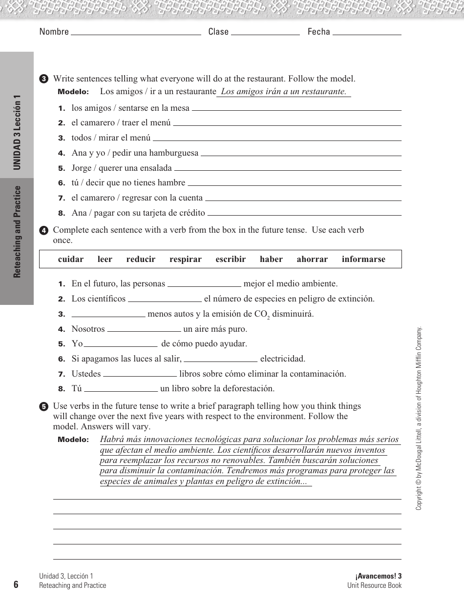 Spanish Worksheet: Challenges to the Environment - Mcdougal Littell, Page 6