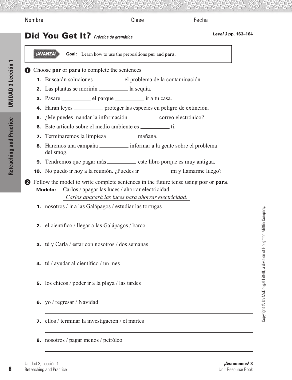 Spanish Worksheet: Challenges to the Environment - Mcdougal Littell, Page 8